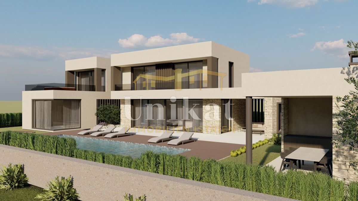 Moderna vrstna hiša s bazenom in pogledom na zelenje, Poreč